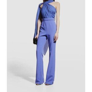 Safiyaa Women's US 4 Blue Silk Apolonia Pleated Halter Cape Jumpsuit